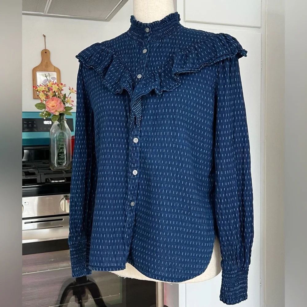 LOFT Dobby Ruffle Prairie Feminine Navy Long Sleeve Buttoned Cotton Blouse Top - Picture 2 of 10